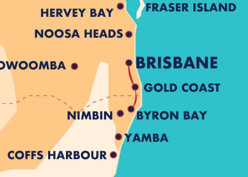 Map Brisbane < > Byron Bay Journey