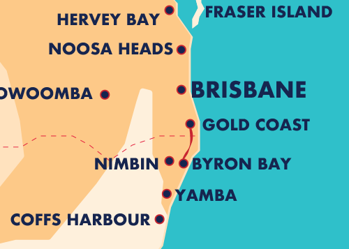 Map Gold Coast < > Byron Bay journey