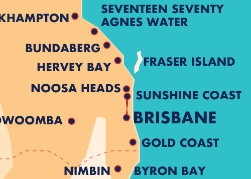 Map Brisbane < > Sunshine Coast journey
