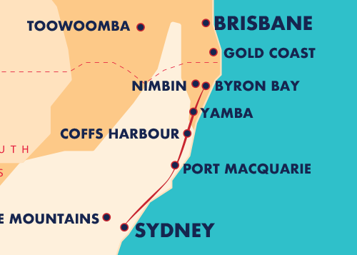 Map Sydney < > Byron Bay Journey