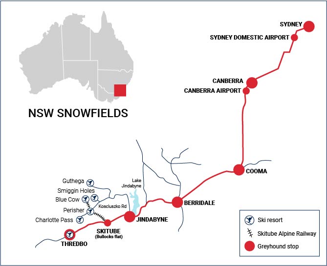 Snow locations and Greyhound stops in NSW