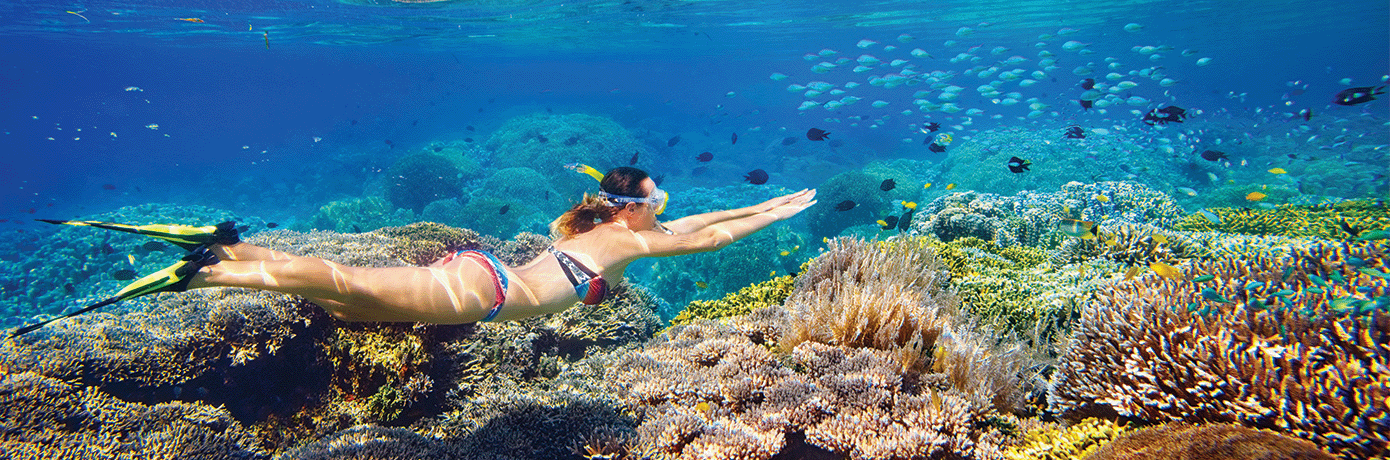 Woman swims above coral reef in shallow water with schools of fish in the background.